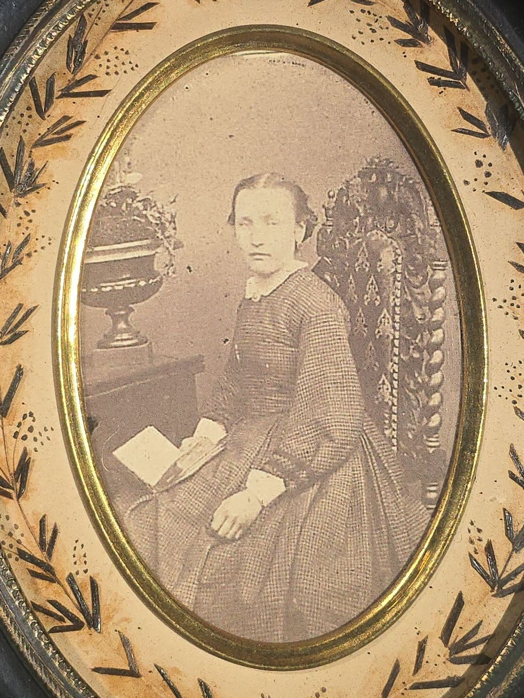 Pair of Antique French Hair Work Mourning Palettes Under Glass in Oval Black Frames including Graveyard Scene Inscribed "Souvenir" and Photograph Portrait of a Young Woman
