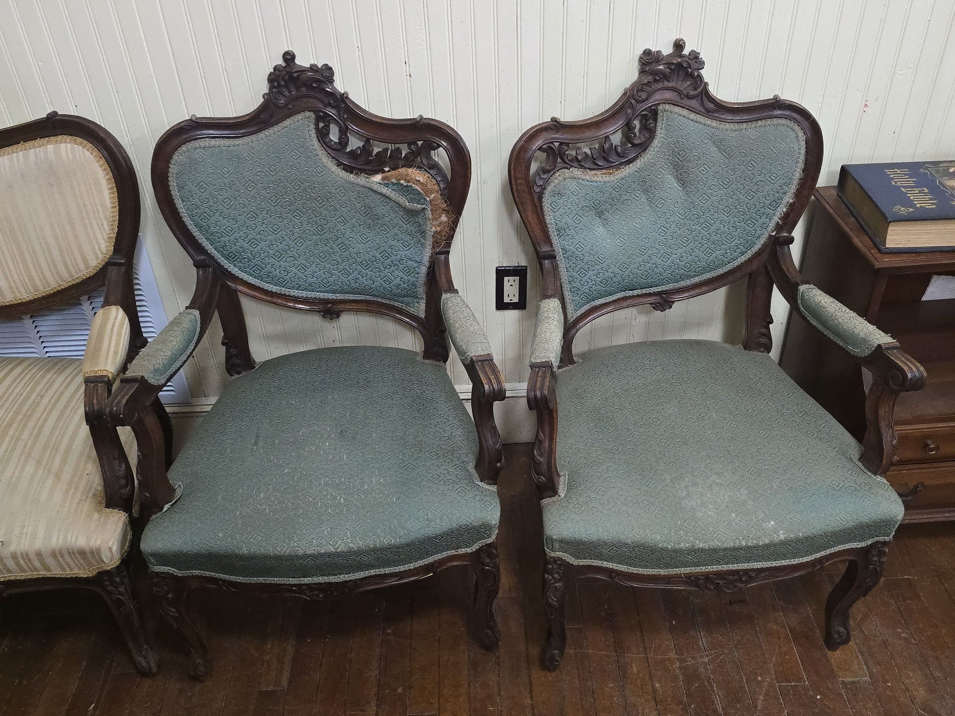 Pair carved green chairs