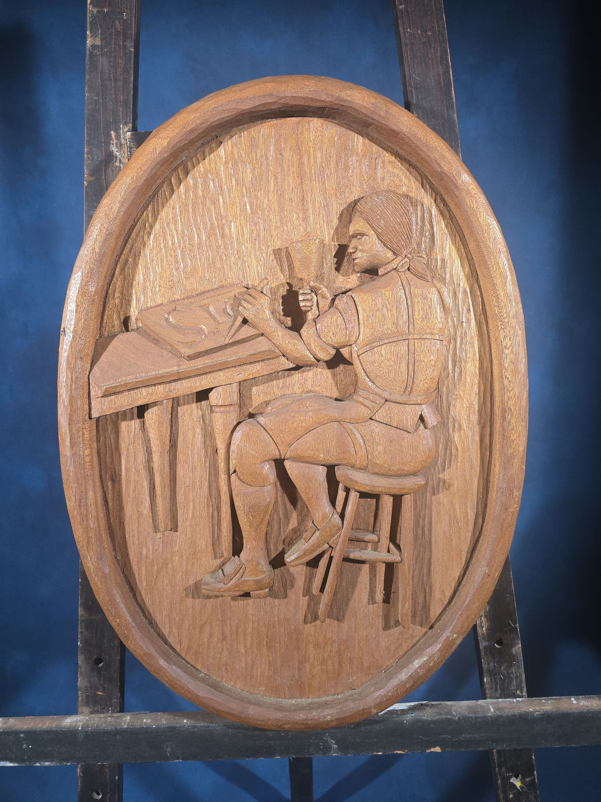 Vintage Hand-Carved Oval Wood Relief Plaque, Sign Maker's Trade Sign