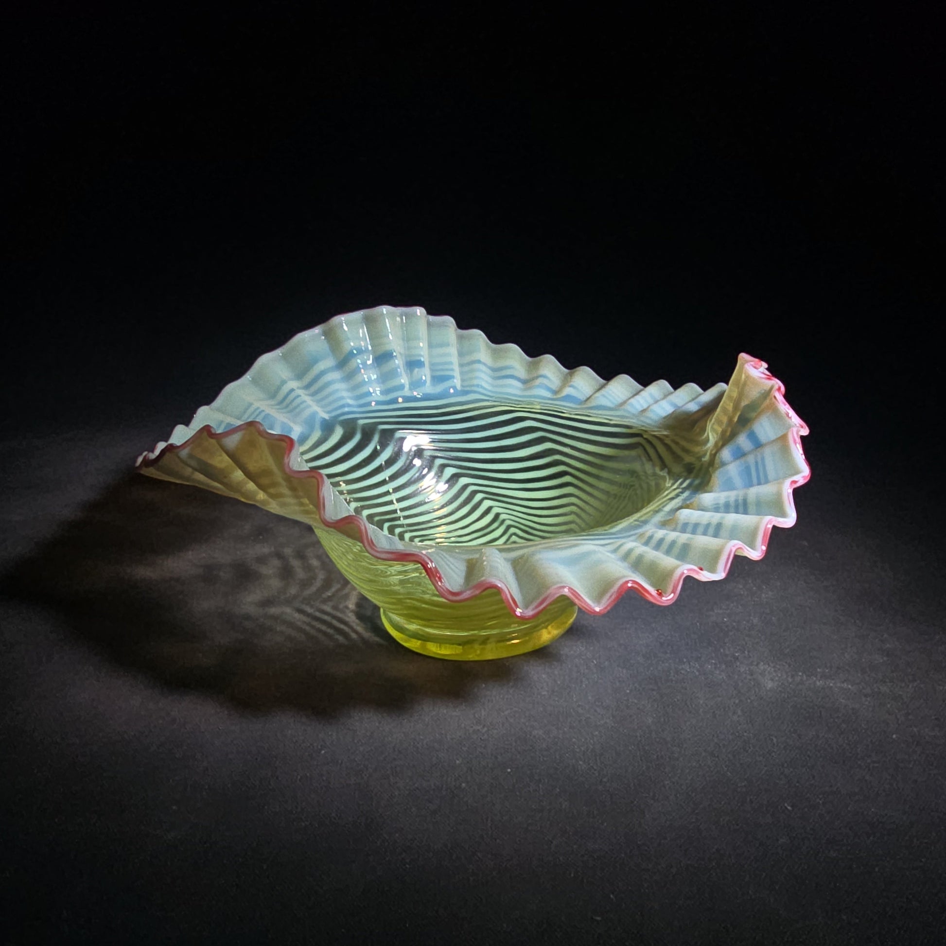 Vintage Fenton Uranium Glass Blue Opalescent Spiral Optic Crimped Ruffled Rim Bowl with Cranberry Edge, Circa 1939, UV Reactive