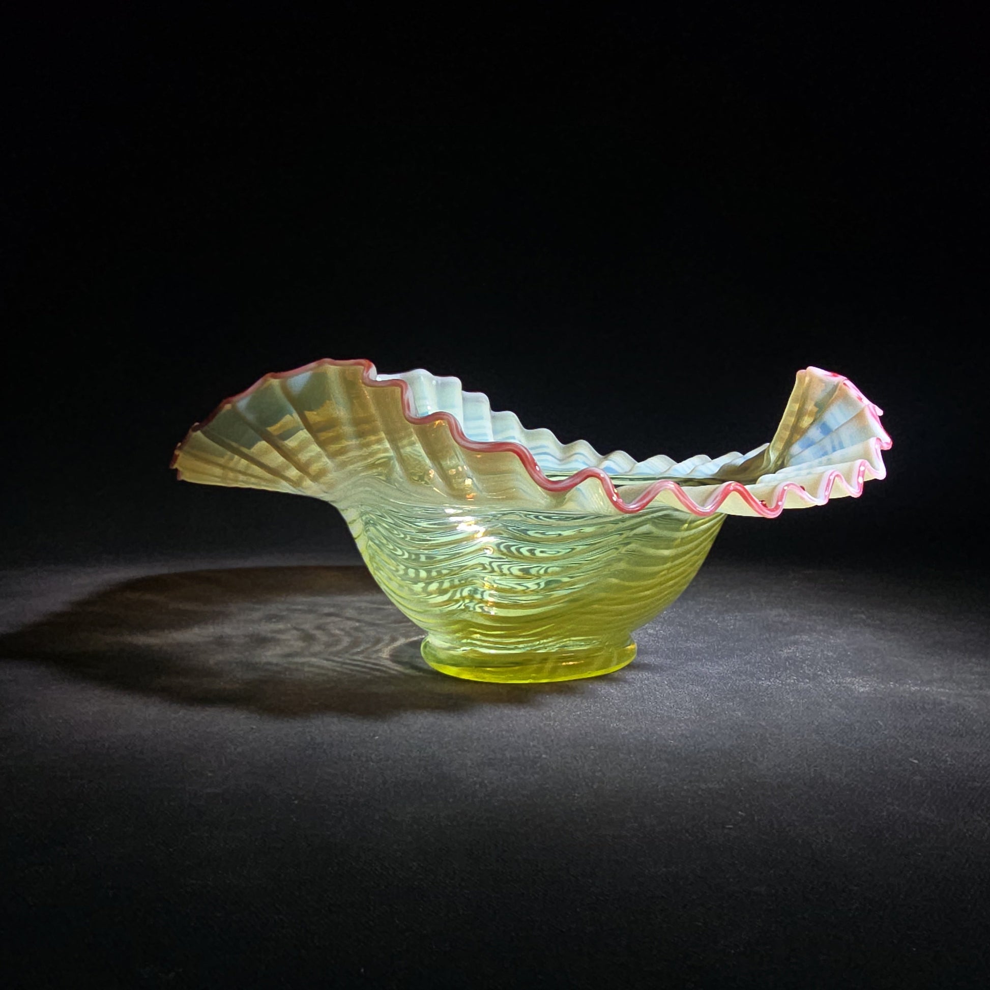 Vintage Fenton Uranium Glass Blue Opalescent Spiral Optic Crimped Ruffled Rim Bowl with Cranberry Edge, Circa 1939, UV Reactive