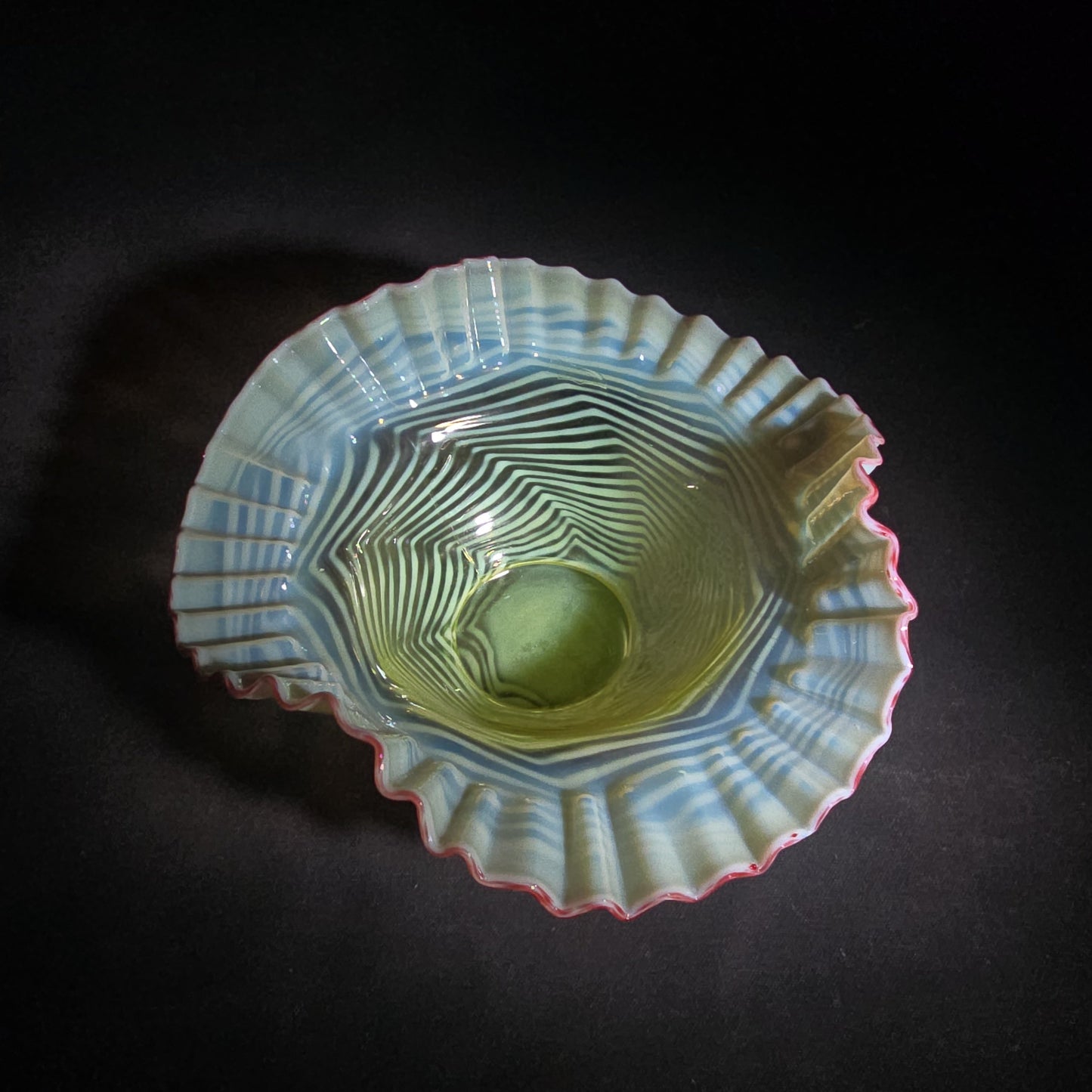Vintage Fenton Uranium Glass Blue Opalescent Spiral Optic Crimped Ruffled Rim Bowl with Cranberry Edge, Circa 1939, UV Reactive