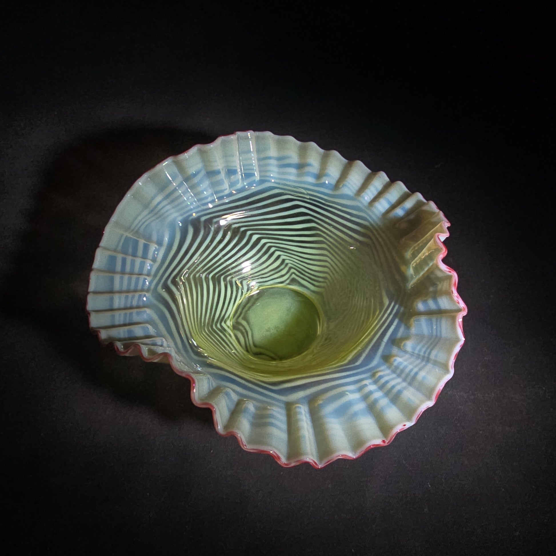 Vintage Fenton Uranium Glass Blue Opalescent Spiral Optic Crimped Ruffled Rim Bowl with Cranberry Edge, Circa 1939, UV Reactive