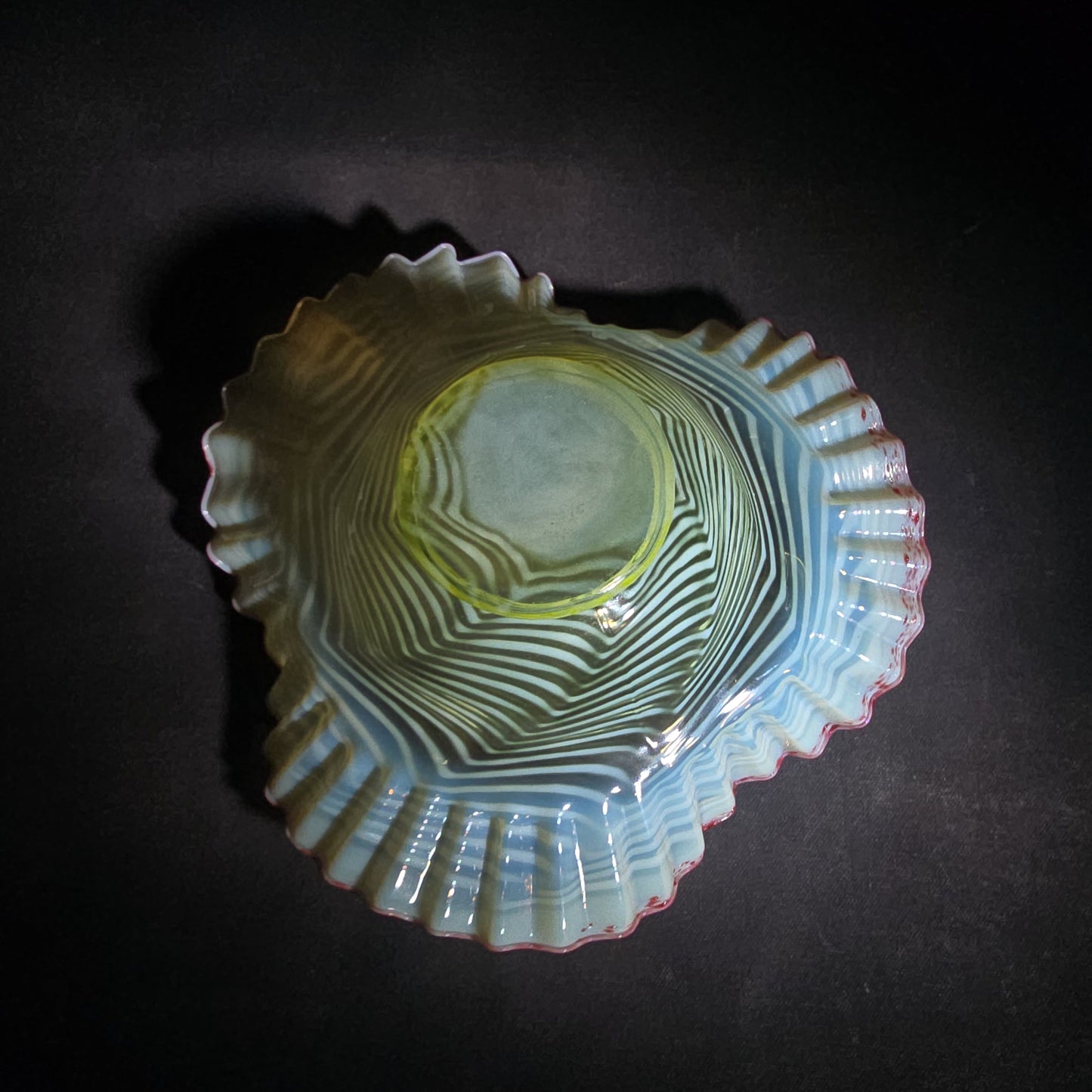 Vintage Fenton Uranium Glass Blue Opalescent Spiral Optic Crimped Ruffled Rim Bowl with Cranberry Edge, Circa 1939, UV Reactive