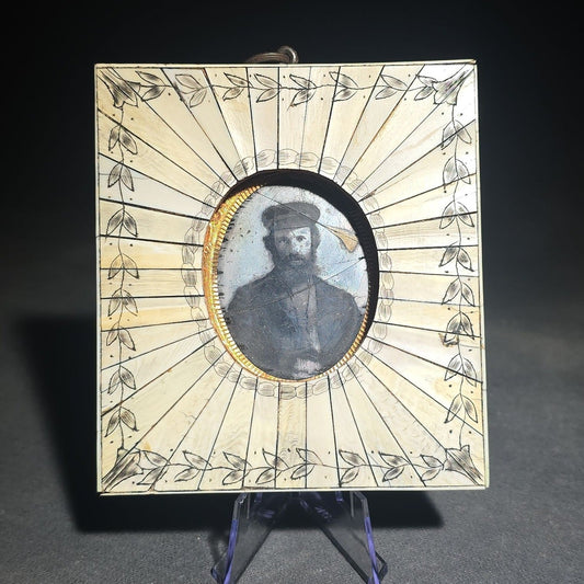 Antique Scrimshaw Whale Bone Framed Ambrotype Photograph of A. Burks, Harpooner, Inscribed "A. Burks. Harpooner of the Whaling Bark Kathleen 1884," New Bedford, Massachusetts