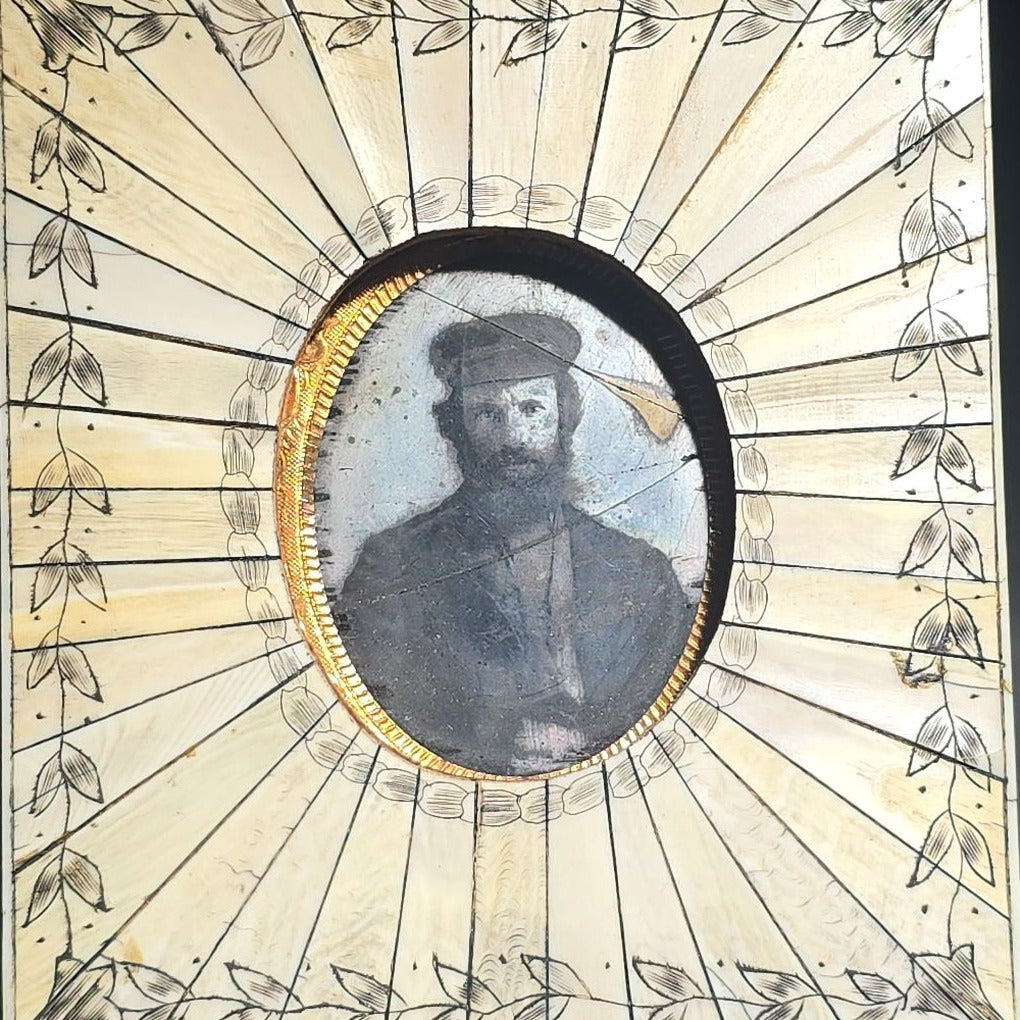 Antique Scrimshaw Whale Bone Framed Ambrotype Photograph of A. Burks, Harpooner, Inscribed "A. Burks. Harpooner of the Whaling Bark Kathleen 1884," New Bedford, Massachusetts