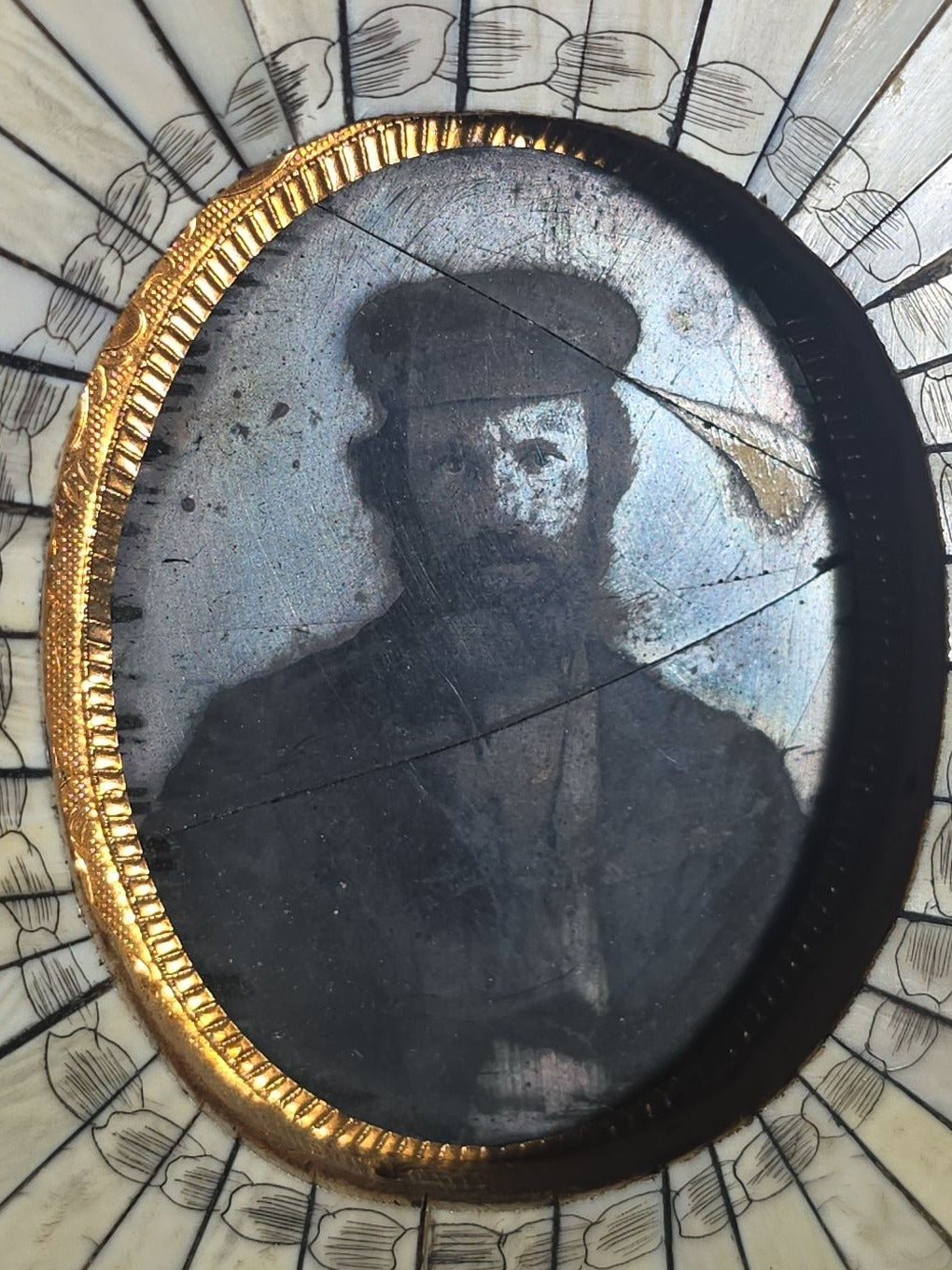 Antique Scrimshaw Whale Bone Framed Ambrotype Photograph of A. Burks, Harpooner, Inscribed "A. Burks. Harpooner of the Whaling Bark Kathleen 1884," New Bedford, Massachusetts