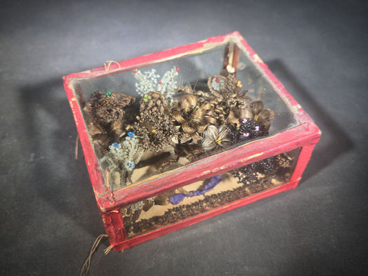 Antique Victorian Hair Work Floral Arrangement Familial Keepsake in Glass and Fabric Display Box with Beaded Accents
