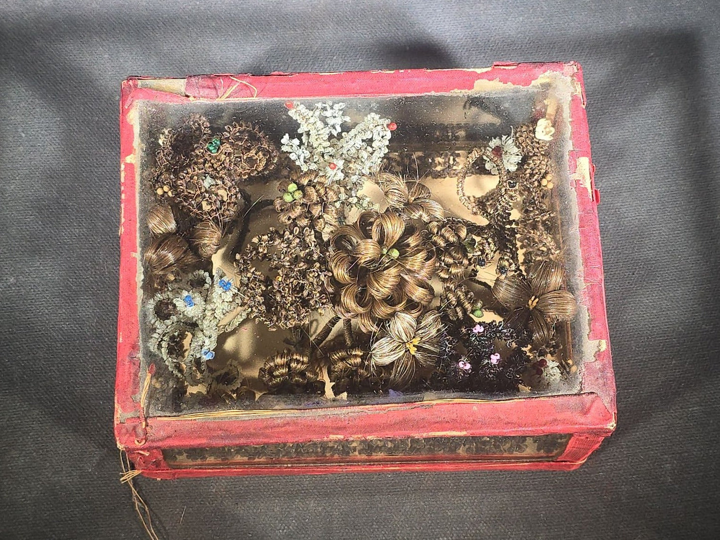 Antique Victorian Hair Work Floral Arrangement Familial Keepsake in Glass and Fabric Display Box with Beaded Accents
