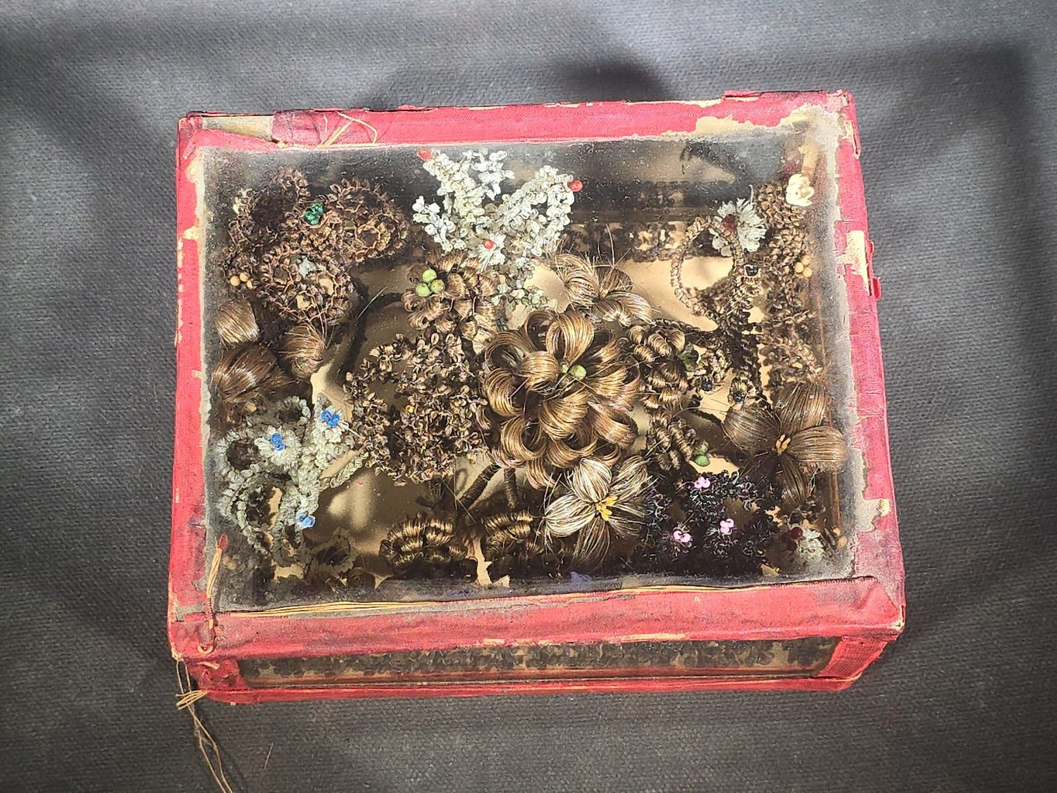 Antique Victorian Hair Work Floral Arrangement Familial Keepsake in Glass and Fabric Display Box with Beaded Accents