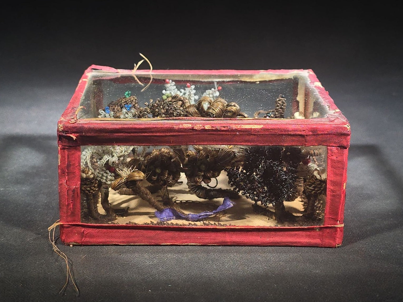 Antique Victorian Hair Work Floral Arrangement Familial Keepsake in Glass and Fabric Display Box with Beaded Accents