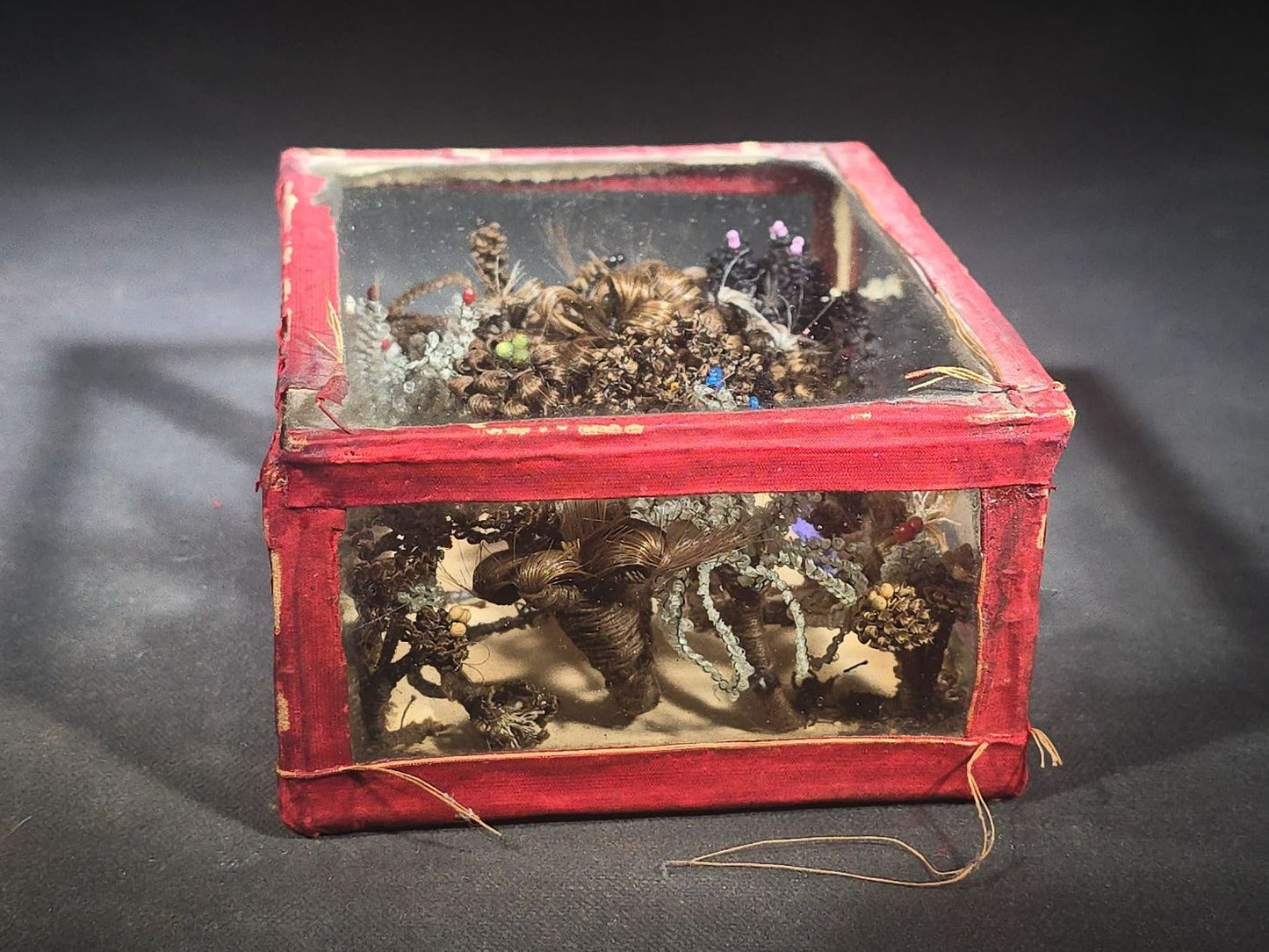 Antique Victorian Hair Work Floral Arrangement Familial Keepsake in Glass and Fabric Display Box with Beaded Accents