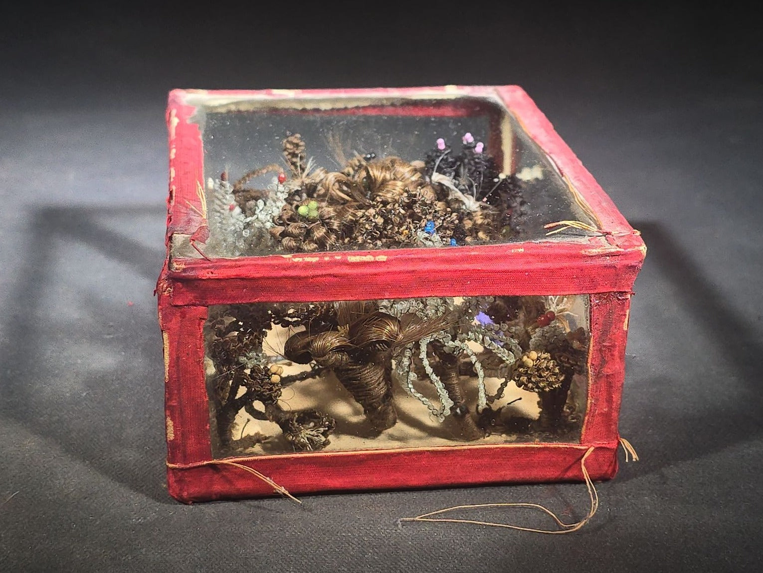 Antique Victorian Hair Work Floral Arrangement Familial Keepsake in Glass and Fabric Display Box with Beaded Accents