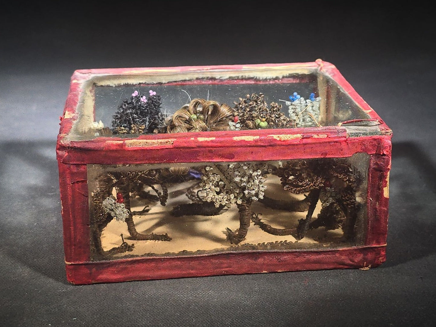Antique Victorian Hair Work Floral Arrangement Familial Keepsake in Glass and Fabric Display Box with Beaded Accents