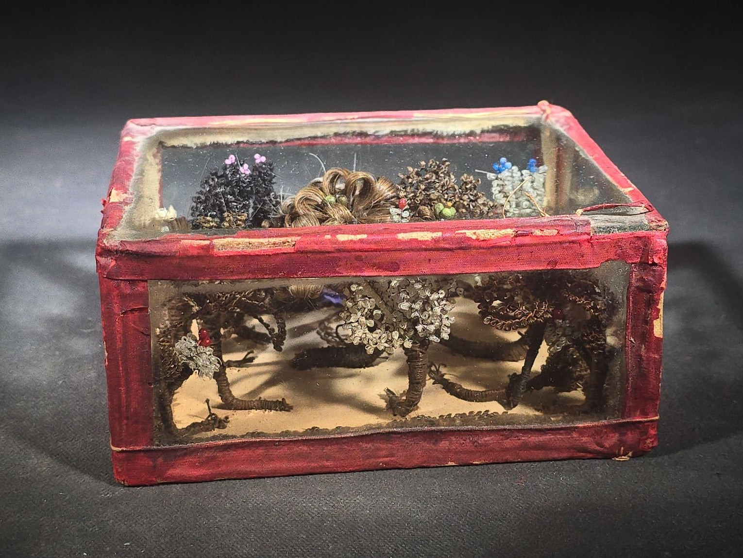 Antique Victorian Hair Work Floral Arrangement Familial Keepsake in Glass and Fabric Display Box with Beaded Accents