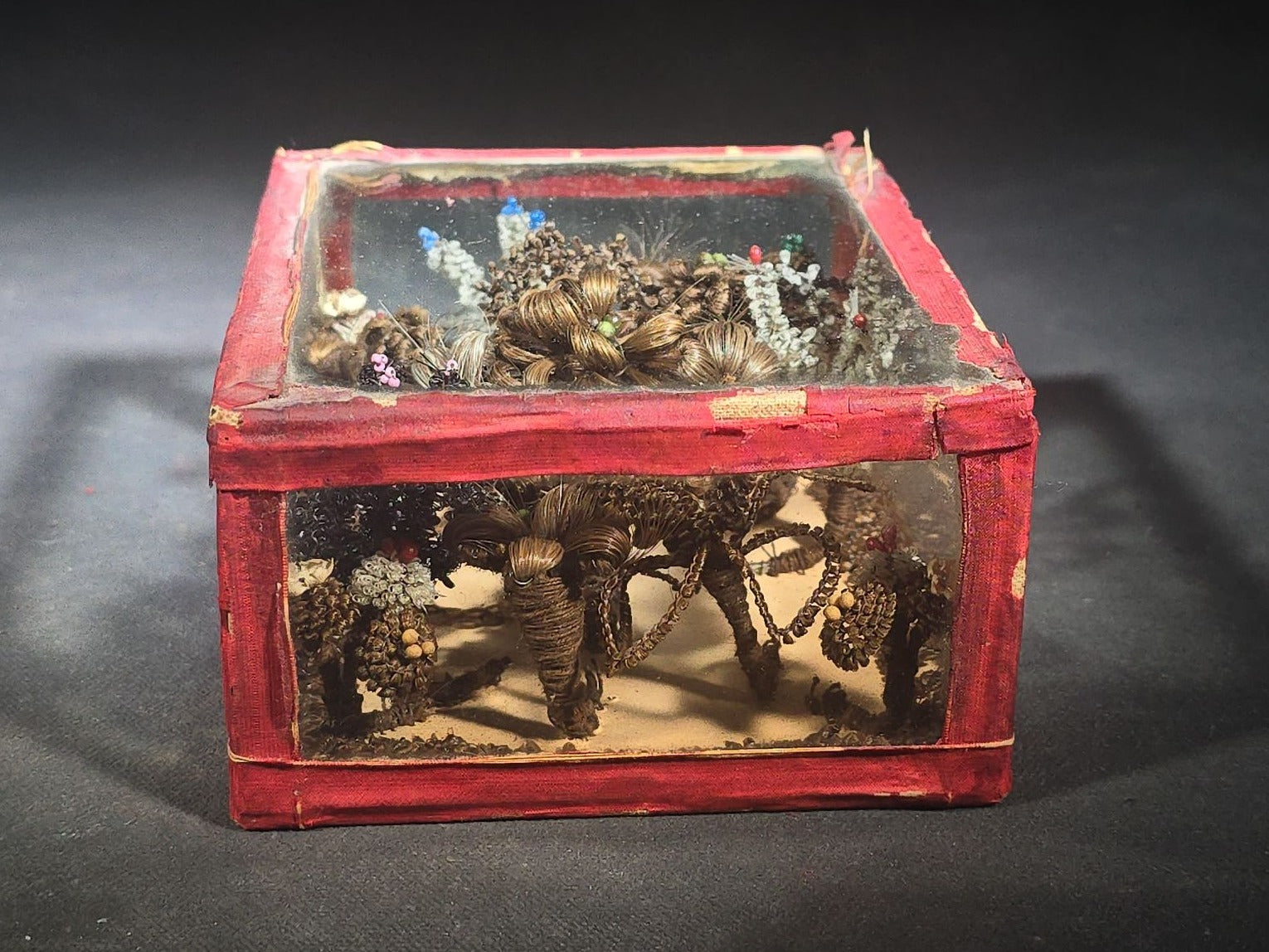Antique Victorian Hair Work Floral Arrangement Familial Keepsake in Glass and Fabric Display Box with Beaded Accents