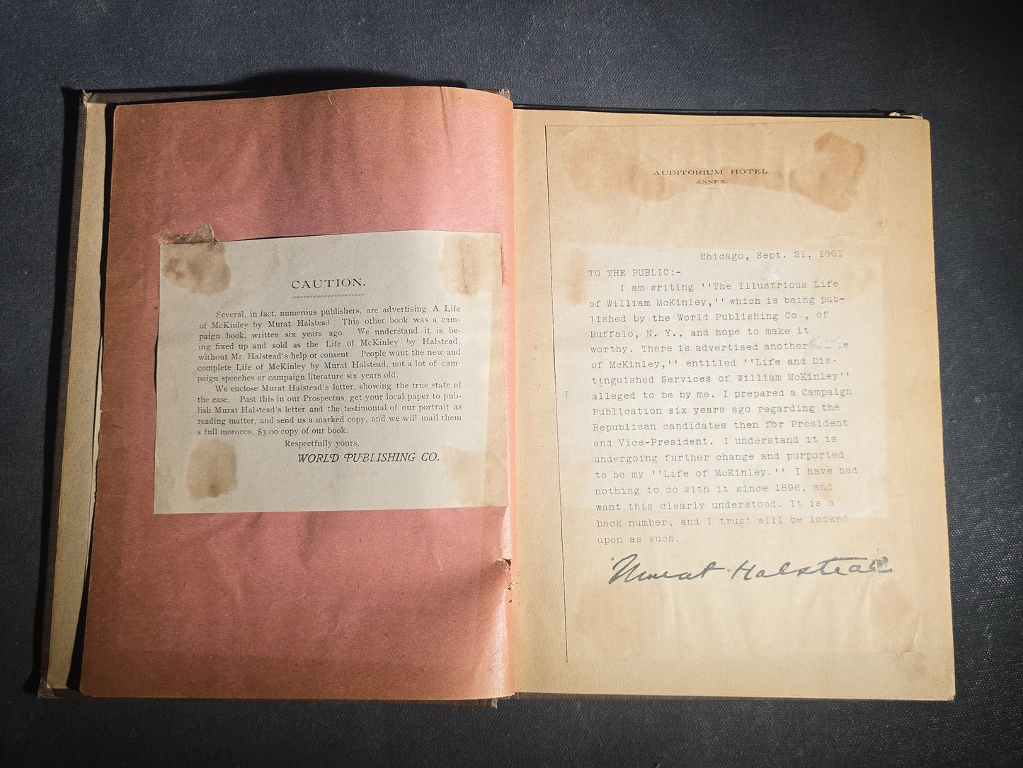 "The Illustrious Life of William McKinley, Our Martyred President" Antique Salesman's Dummy Prospectus by Murat Halstead, Published by World Publishing Co., Buffalo, New York, 1901