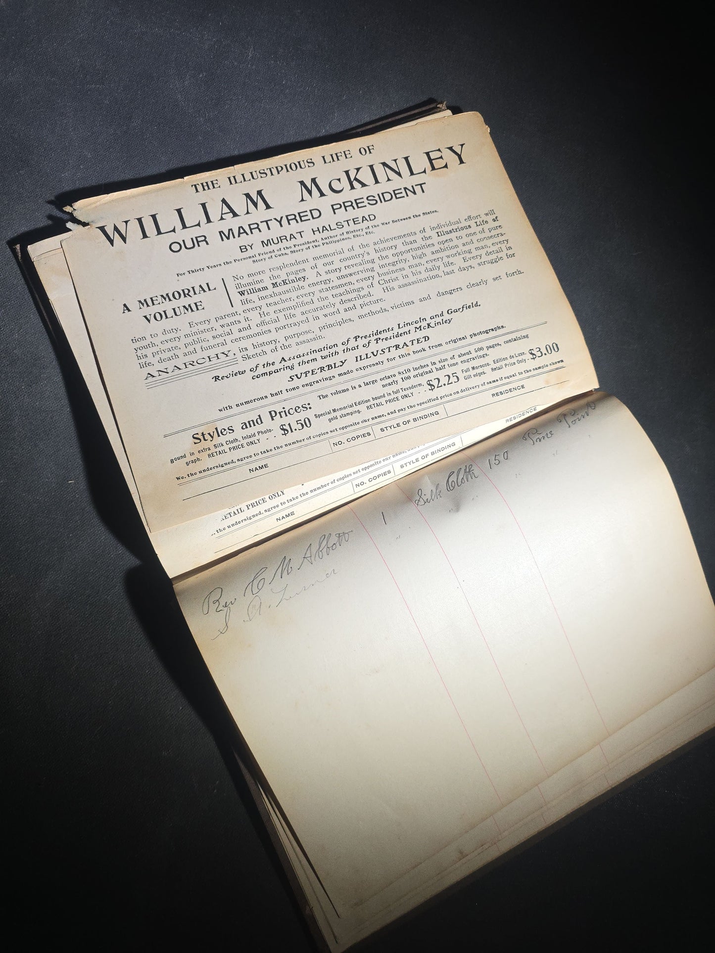 "The Illustrious Life of William McKinley, Our Martyred President" Antique Salesman's Dummy Prospectus by Murat Halstead, Published by World Publishing Co., Buffalo, New York, 1901