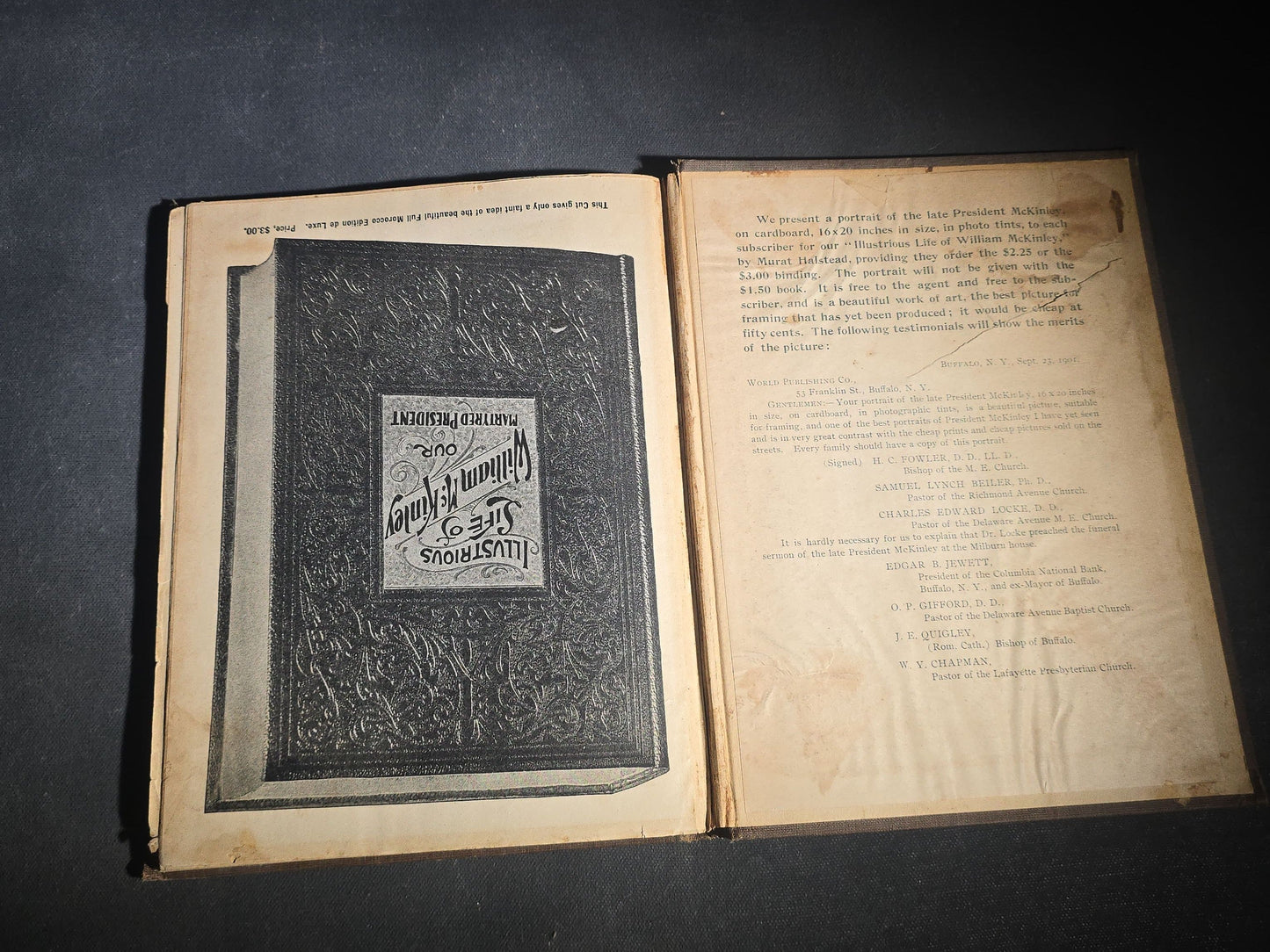 "The Illustrious Life of William McKinley, Our Martyred President" Antique Salesman's Dummy Prospectus by Murat Halstead, Published by World Publishing Co., Buffalo, New York, 1901