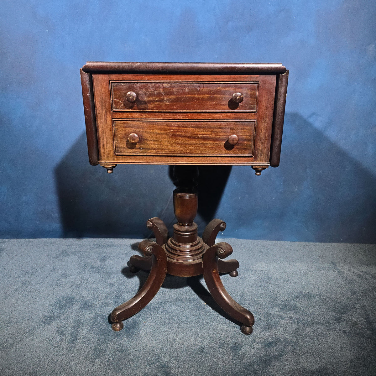 Antique Two-Drawer Drop-Leaf Pedestal Work Table or Night Stand