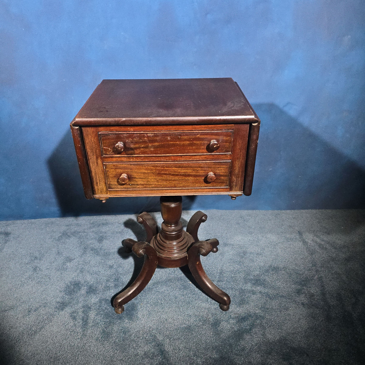 Antique Two-Drawer Drop-Leaf Pedestal Work Table or Night Stand