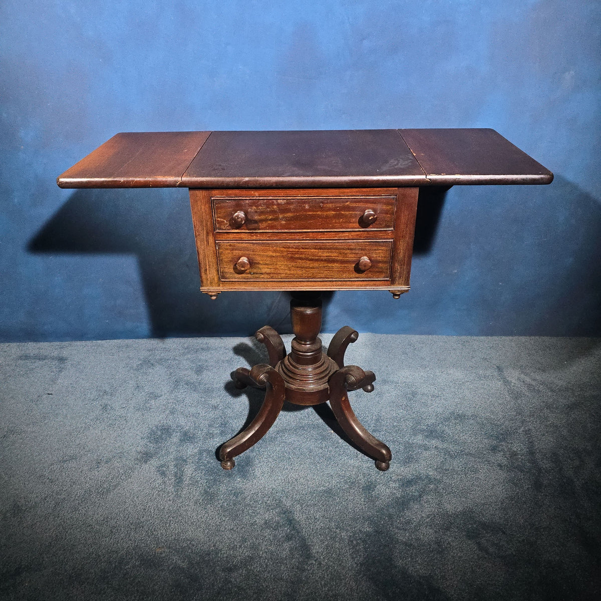 Antique Two-Drawer Drop-Leaf Pedestal Work Table or Night Stand