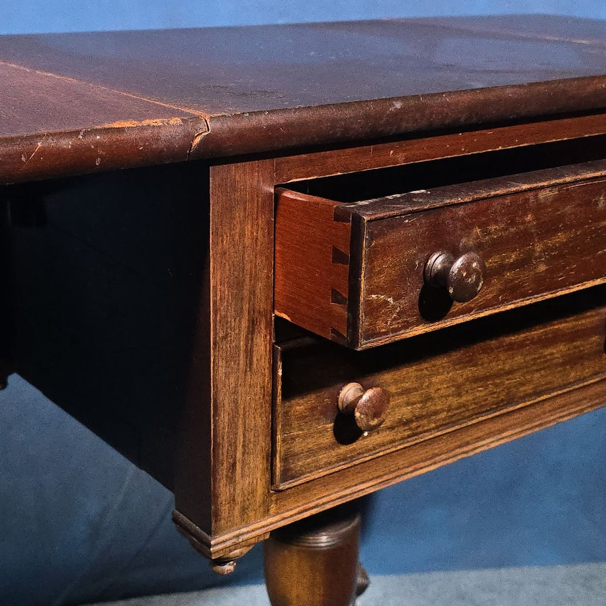 Antique Two-Drawer Drop-Leaf Pedestal Work Table or Night Stand