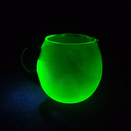 Vintage Hand-Blown Green Uranium Glass Pitcher with Applied Black Handle, UV Reactive