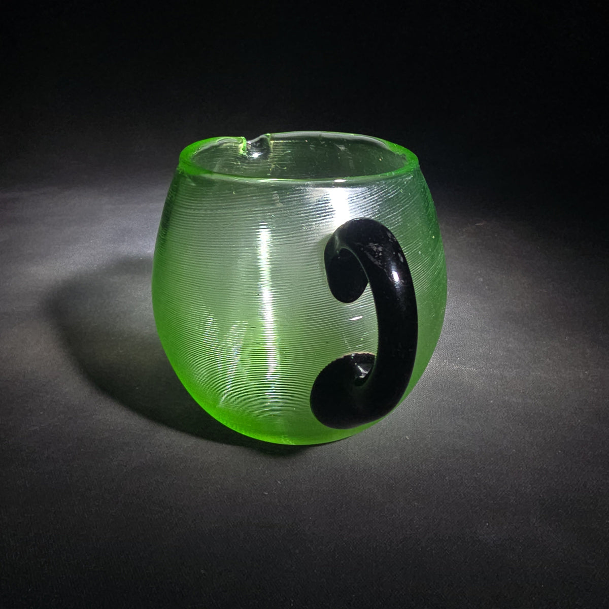 Vintage Hand-Blown Green Uranium Glass Pitcher with Applied Black Handle, UV Reactive
