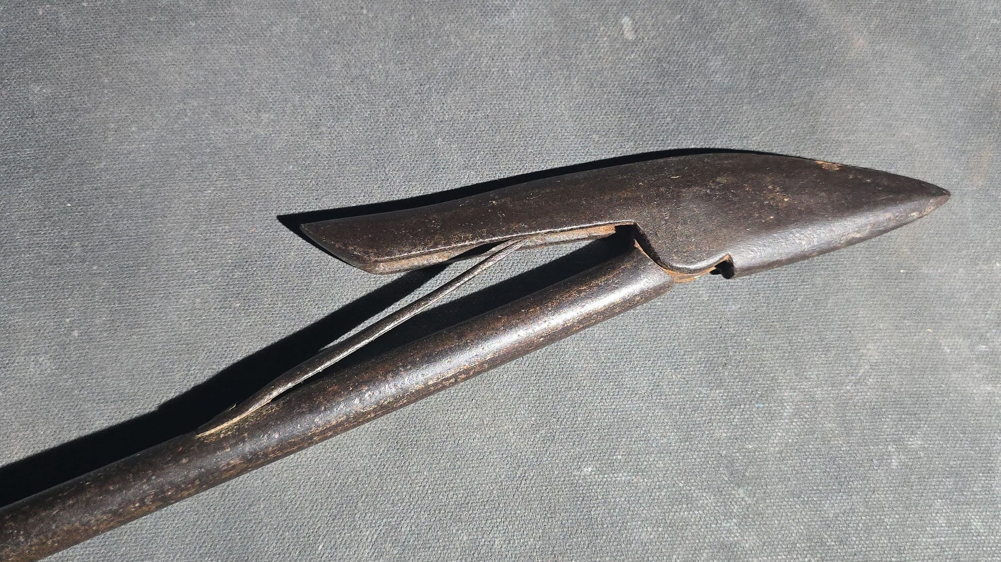 Antique Wrought Iron Toggle Harpoon Head with Remaining Rope Work at Shaft, Mid-19th Century