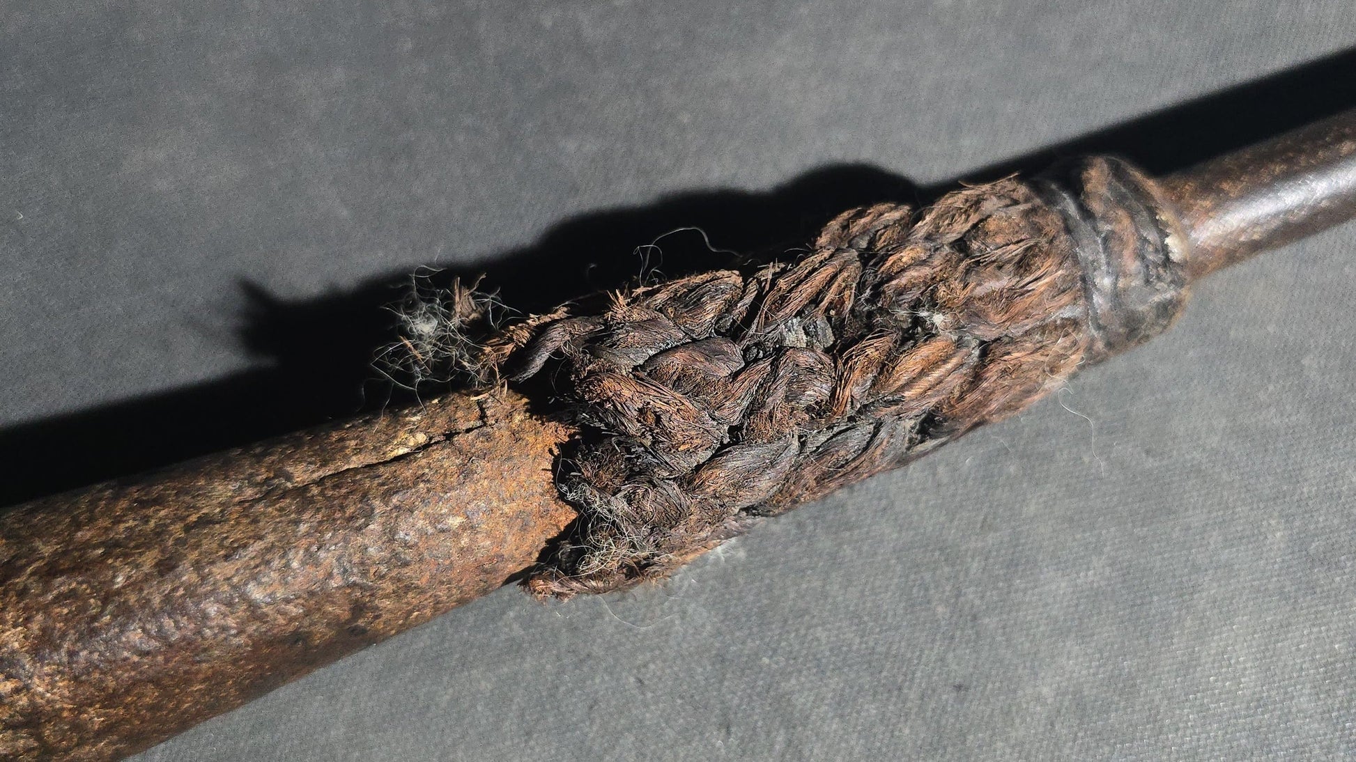 Antique Wrought Iron Toggle Harpoon Head with Remaining Rope Work at Shaft, Mid-19th Century