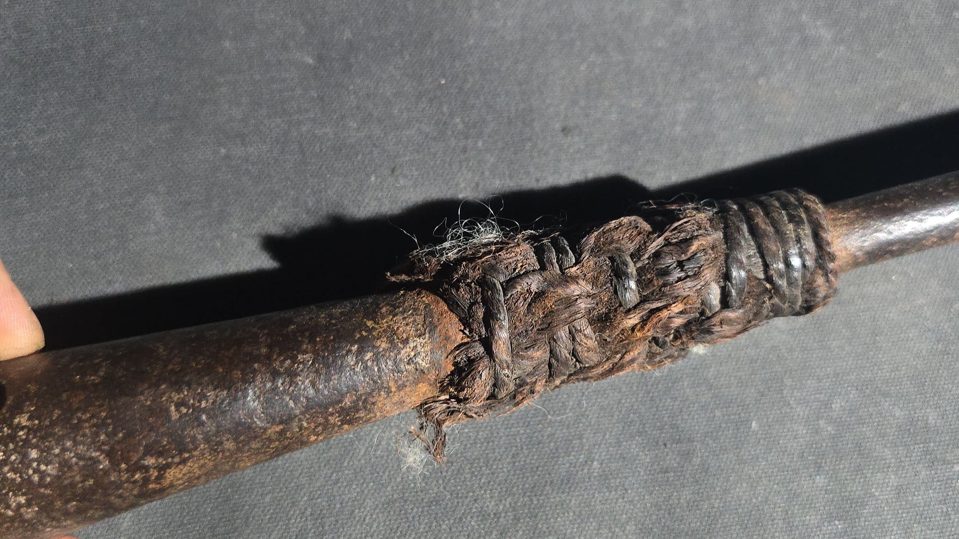 Antique Wrought Iron Toggle Harpoon Head with Remaining Rope Work at Shaft, Mid-19th Century