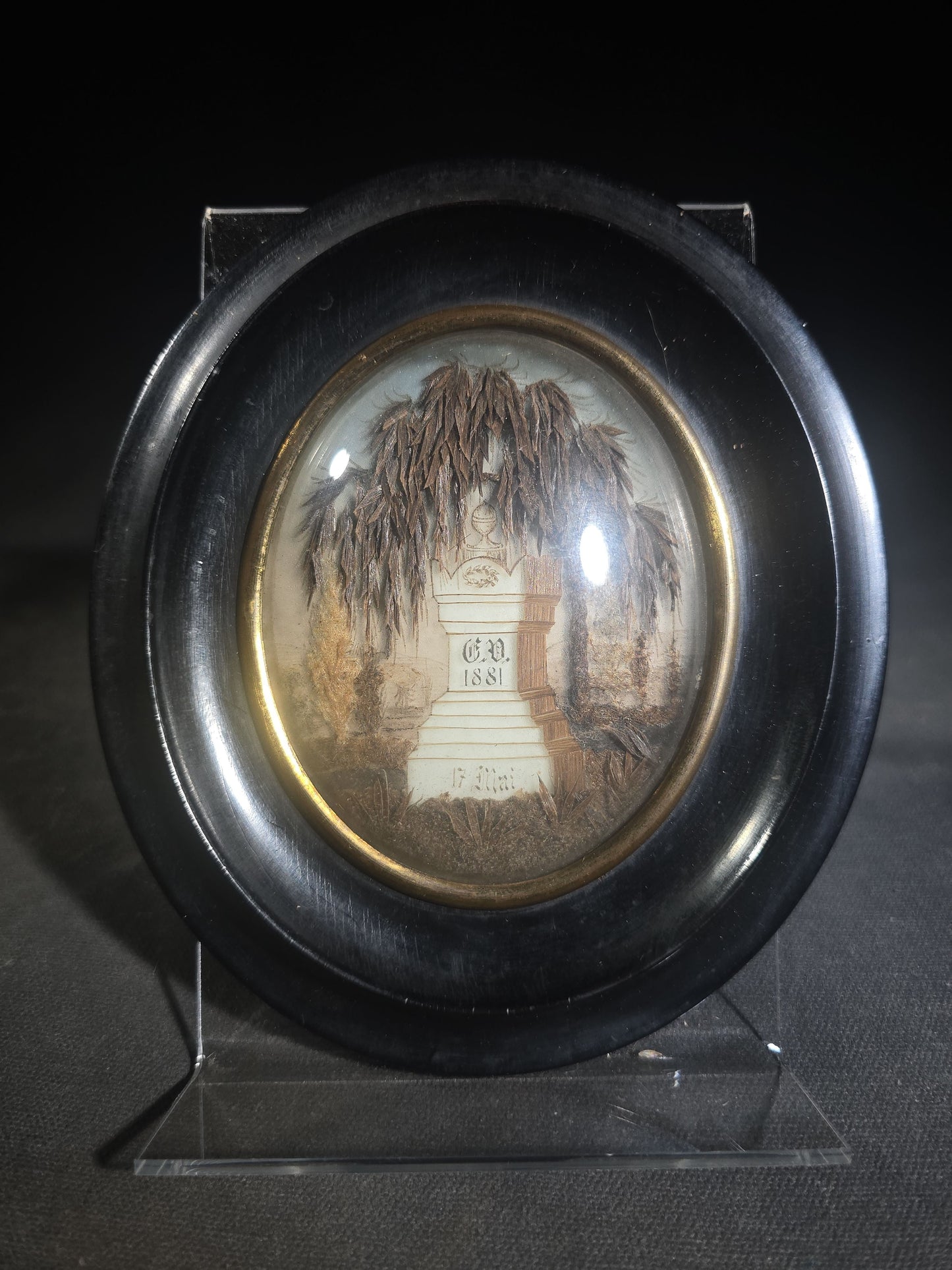 Antique French Hair Work Mourning Palette with Weeping Willow and Funerary Monument, Initialed "G.V." and Dated 1881, "17 Mai" ("May 17"), Oval Black Frame with Convex Glass