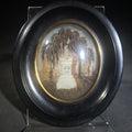 Lot 002 - Antique French Hair Work Mourning Palette with Weeping Willow and Funerary Monument, Initialed "G.V." And Dated 1881, "17 Mai" ("May 17"), Oval Black Frame with Convex Glass, 5-3/8" W x 6-1/8" H