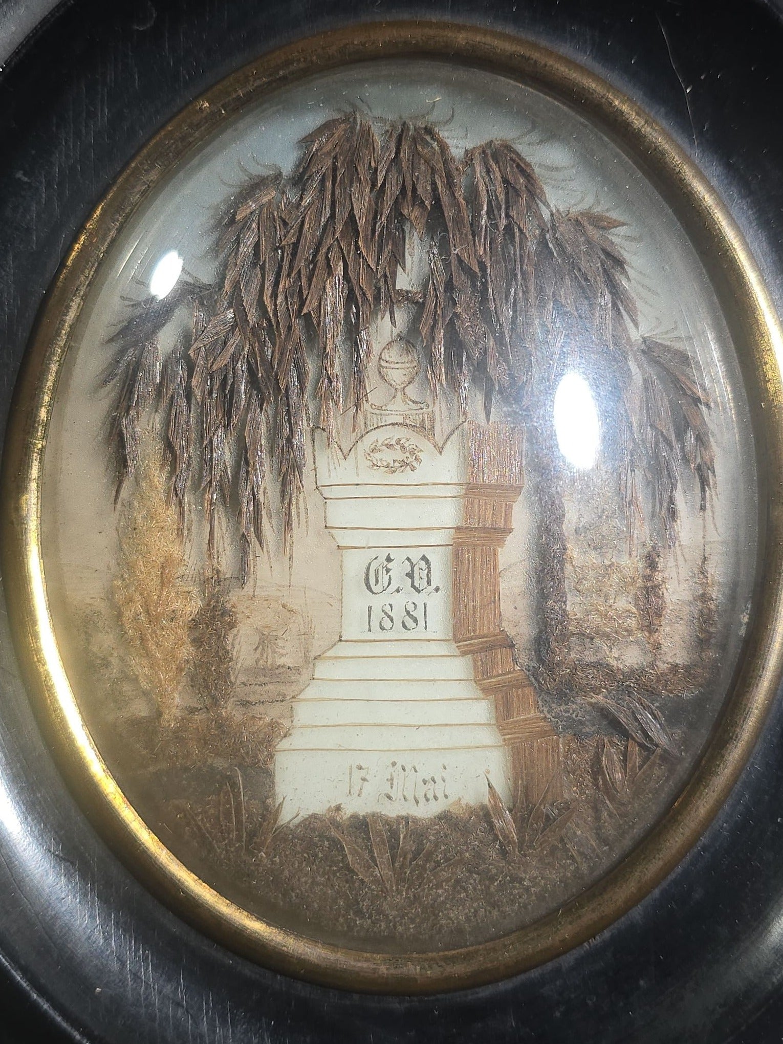 Antique French Hair Work Mourning Palette with Weeping Willow and Funerary Monument, Initialed "G.V." and Dated 1881, "17 Mai" ("May 17"), Oval Black Frame with Convex Glass
