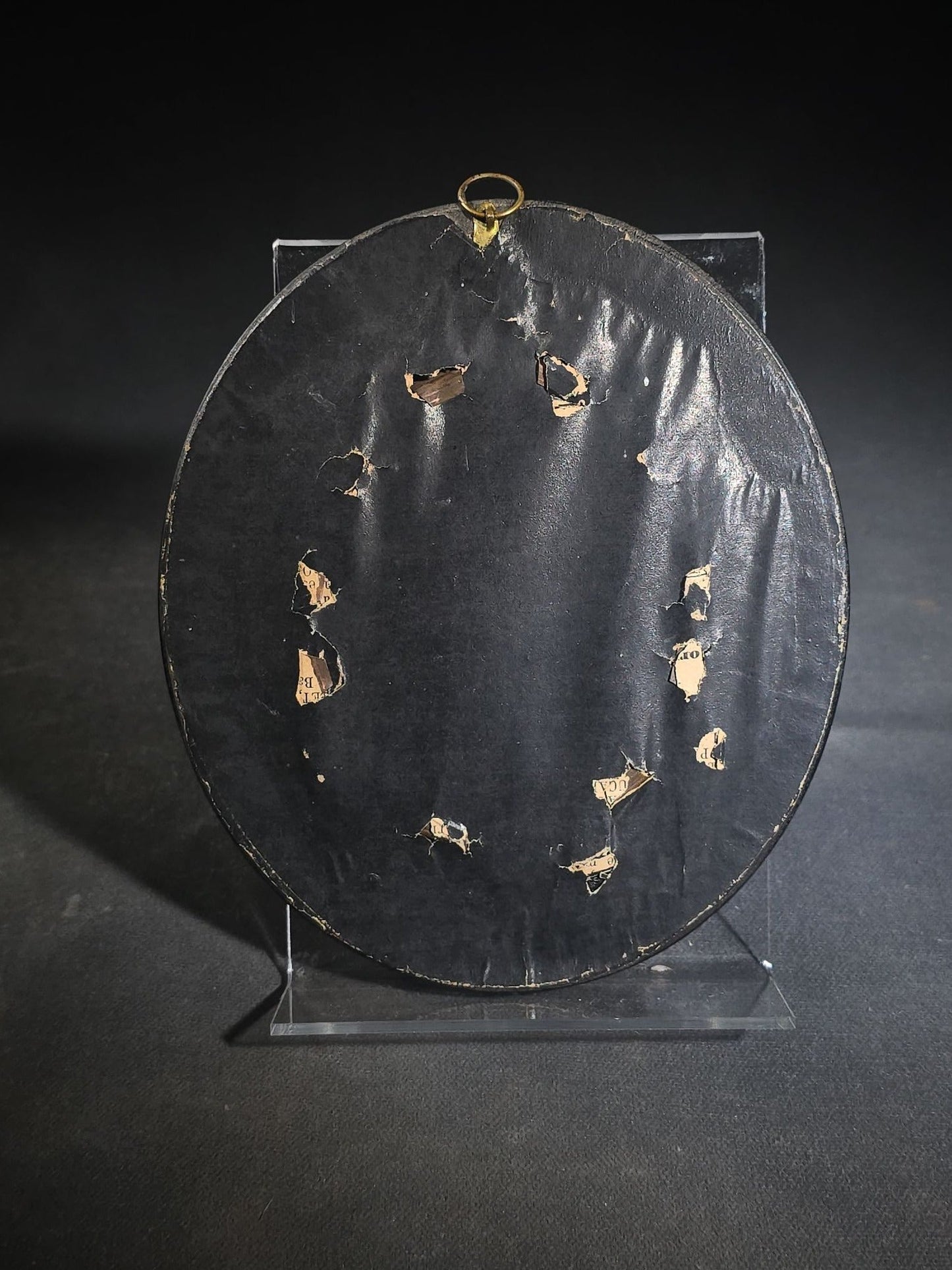 Antique French Hair Work Mourning Palette with Weeping Willow and Funerary Monument, Initialed "G.V." and Dated 1881, "17 Mai" ("May 17"), Oval Black Frame with Convex Glass