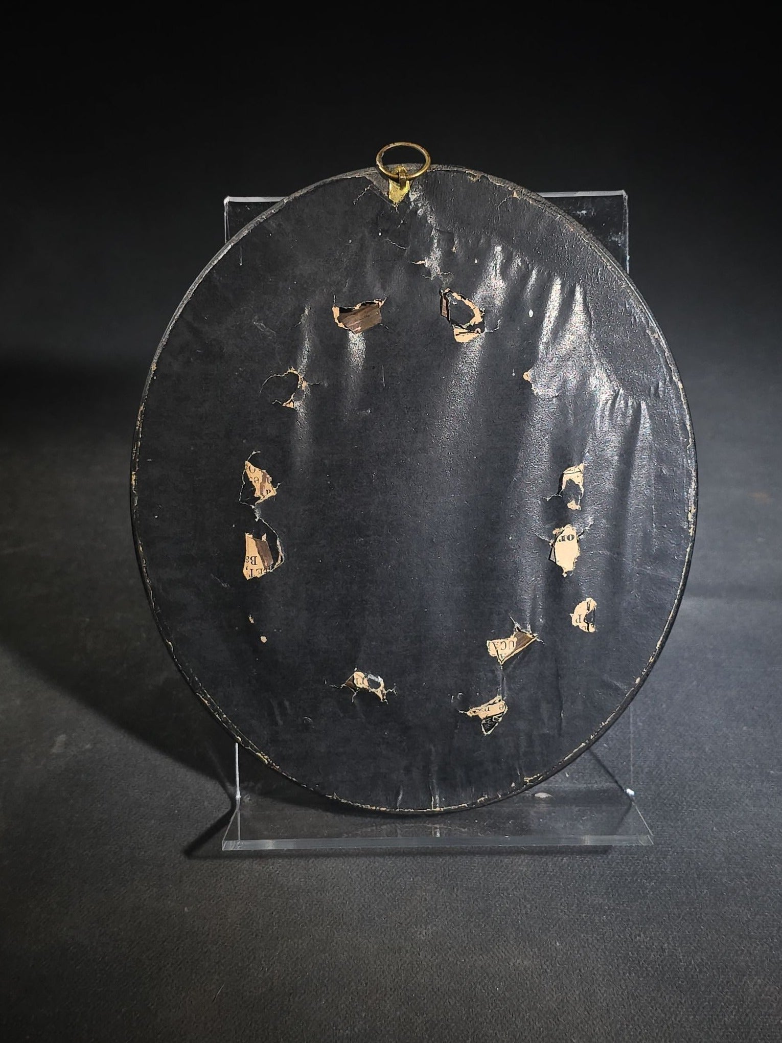 Antique French Hair Work Mourning Palette with Weeping Willow and Funerary Monument, Initialed "G.V." and Dated 1881, "17 Mai" ("May 17"), Oval Black Frame with Convex Glass