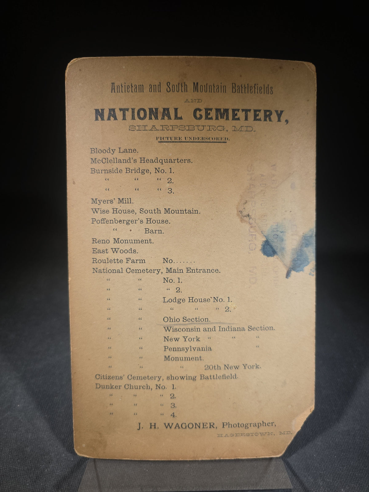 Antique Board-Mounted Photograph of Antietam National Cemetery Ohio Section, Sharpsburg, Maryland, Photographed by J.H. Wagoner, Hagerstown, Maryland