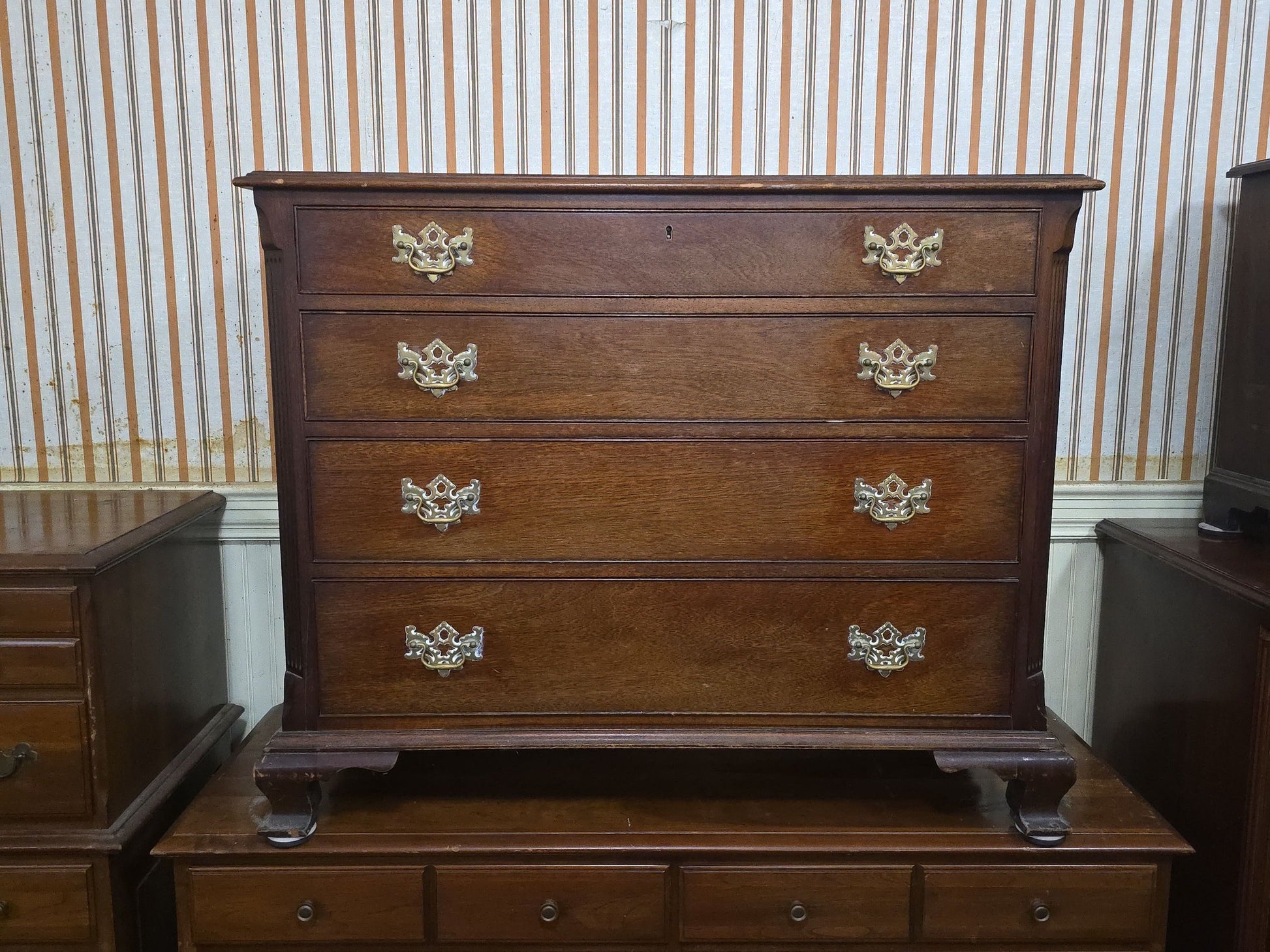 Vintage wood dresser, brass pulls, 20th century