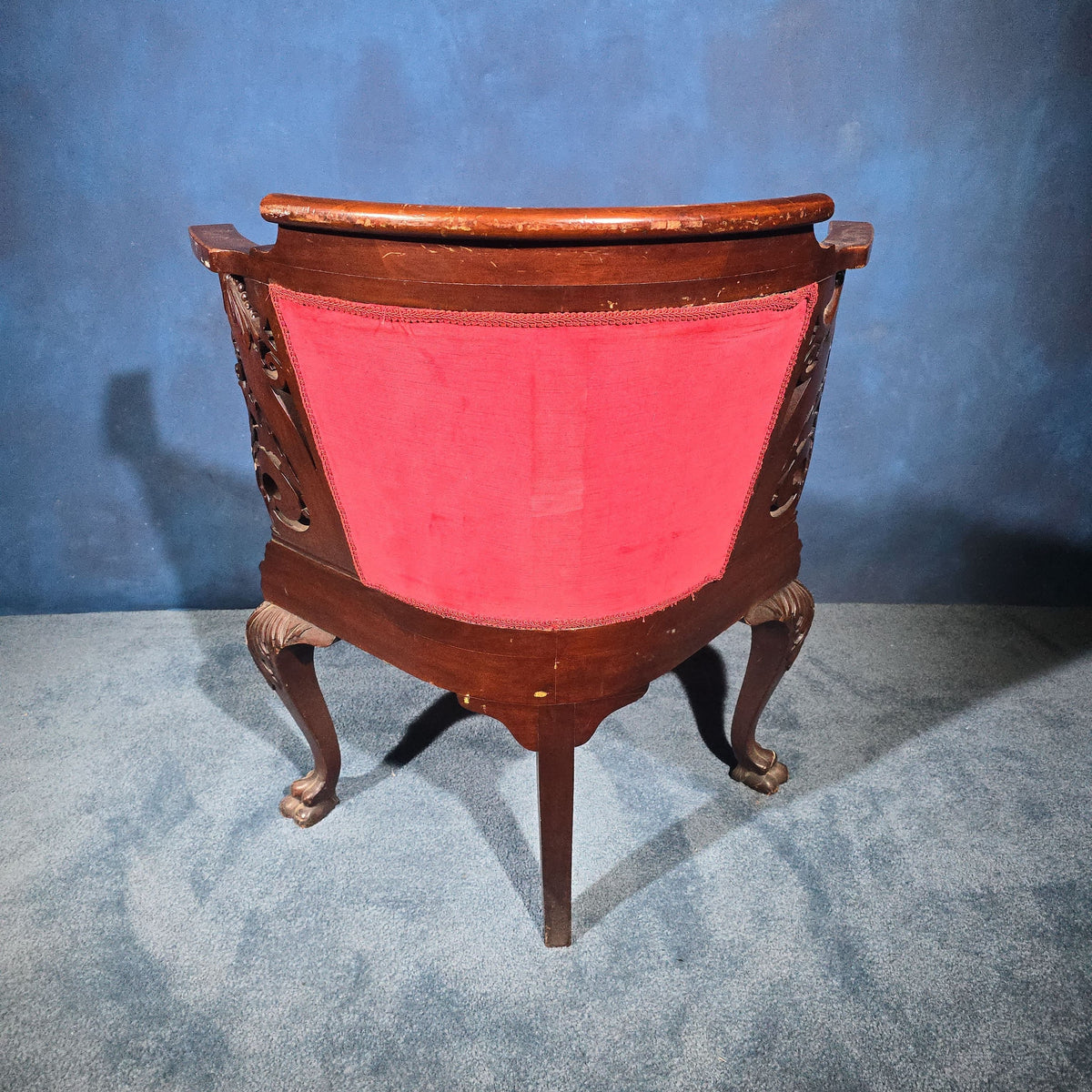 Antique Carved Mahogany Corner Chair with Dolphin Arm Supports and Red Velvet Upholstery