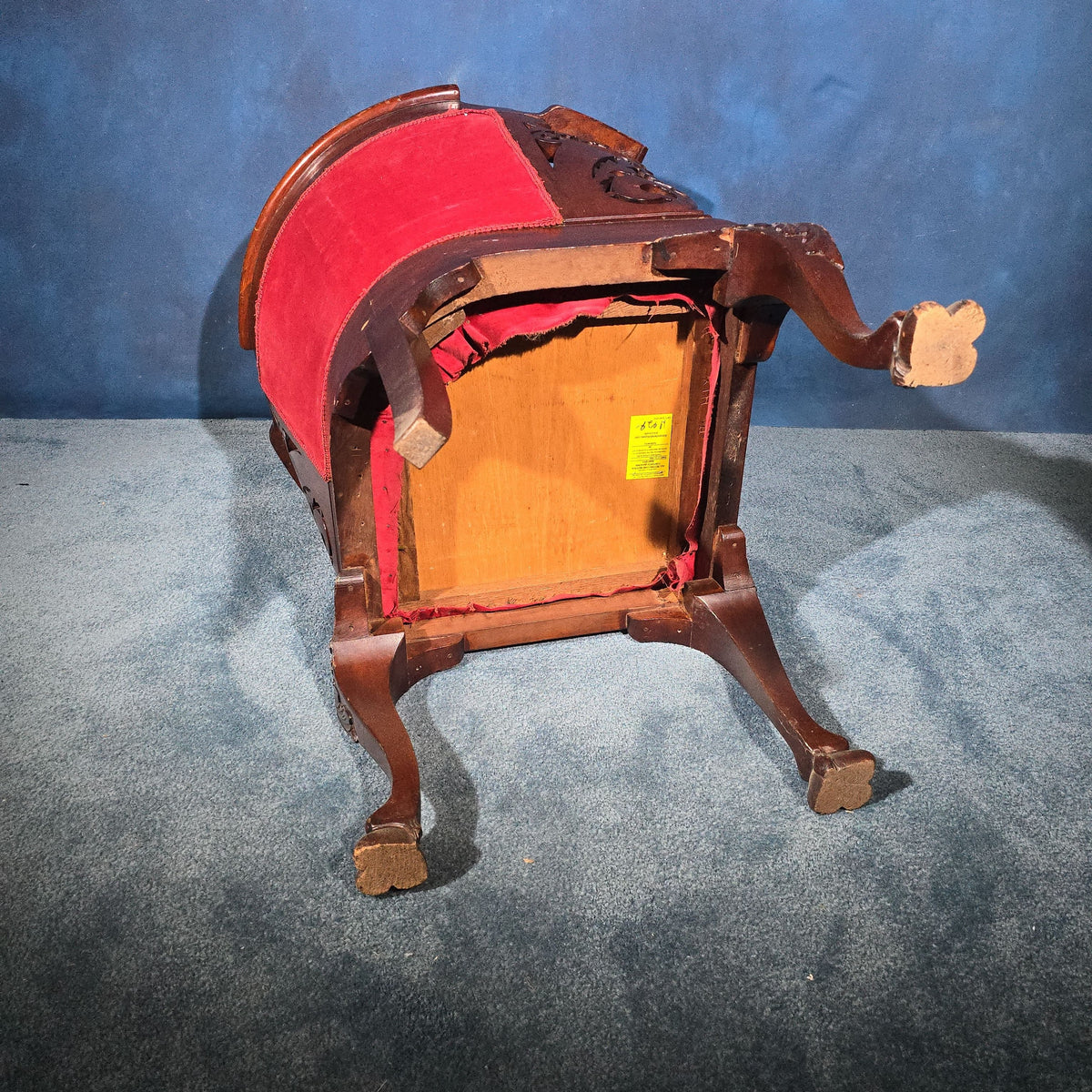 Antique Carved Mahogany Corner Chair with Dolphin Arm Supports and Red Velvet Upholstery