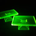 Lot 005 - Pair of Antique Clark's Teaberry Gum Uranium Glass Pedestal Store Display Stands Advertising, UV Reactive, 7" L x 4-3/4" W each