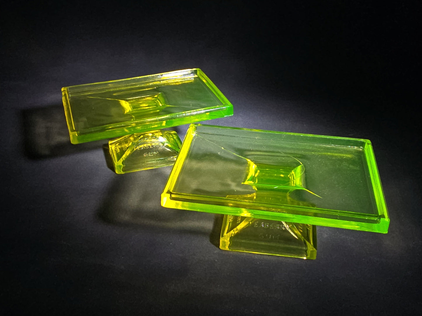 Pair of Antique Clark's Teaberry Gum Uranium Glass Pedestal Store Display Stands Advertising, UV Reactive