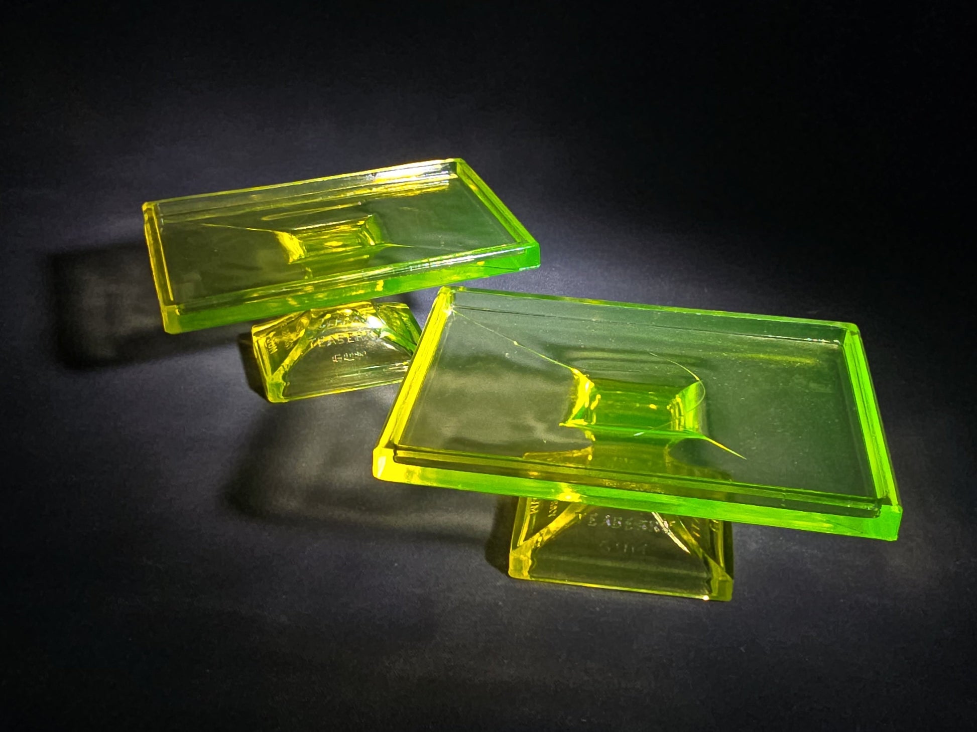 Pair of Antique Clark's Teaberry Gum Uranium Glass Pedestal Store Display Stands Advertising, UV Reactive