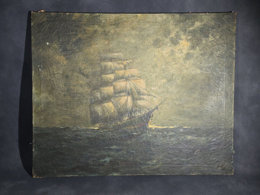 Antique Unsigned Oil Painting on Canvas, Tall Ship at Sea