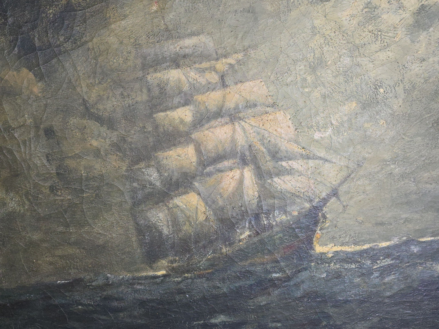 Antique Unsigned Oil Painting on Canvas, Tall Ship at Sea