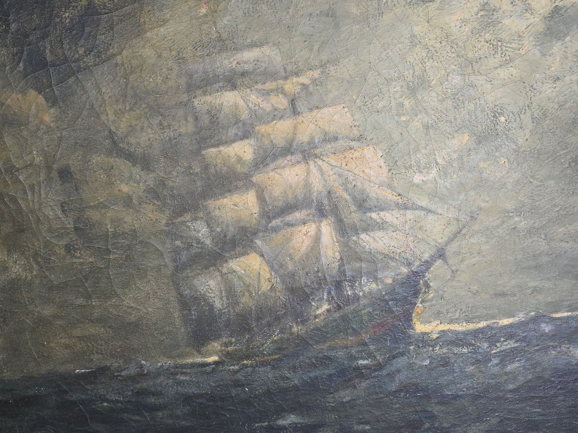 Antique Unsigned Oil Painting on Canvas, Tall Ship at Sea