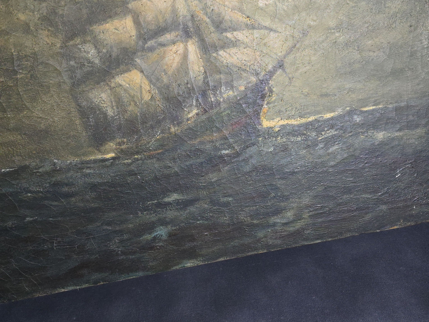 Antique Unsigned Oil Painting on Canvas, Tall Ship at Sea