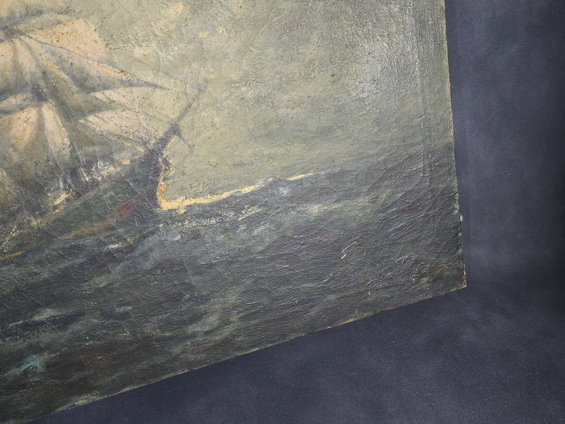 Antique Unsigned Oil Painting on Canvas, Tall Ship at Sea