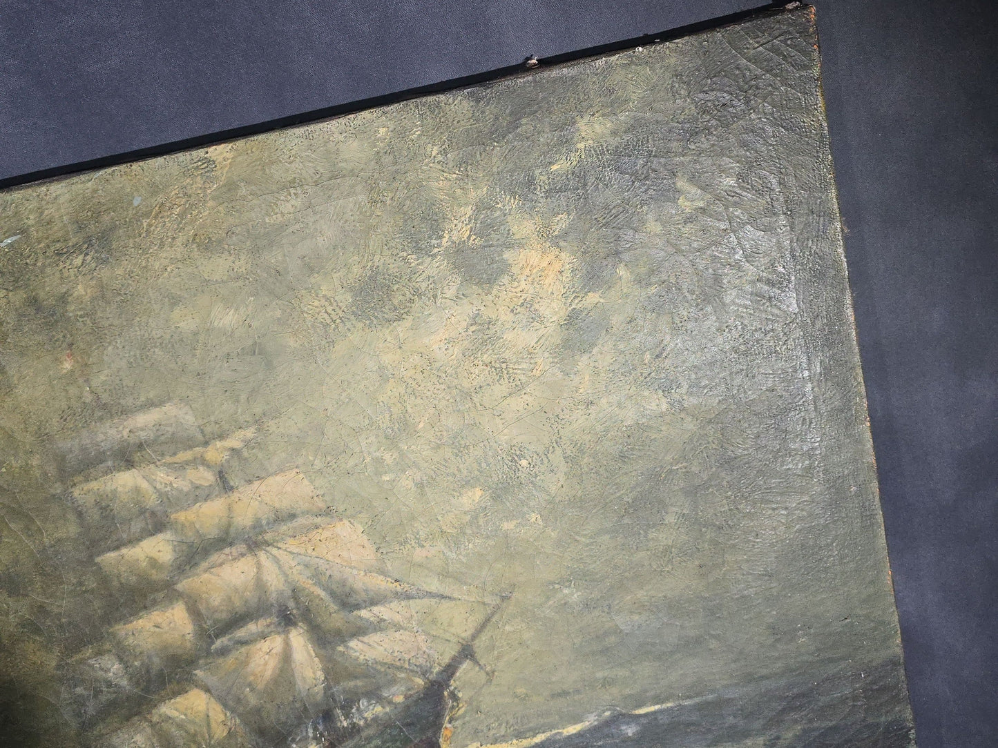 Antique Unsigned Oil Painting on Canvas, Tall Ship at Sea